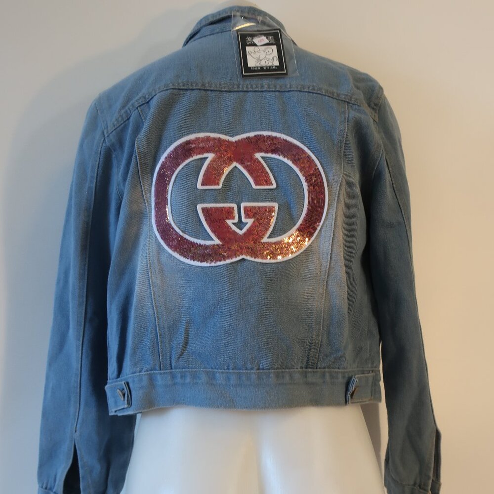 NWD Bloomingdale's Gexinshuwang Blue Mauve Designer Logo Denim Jean Jacket L